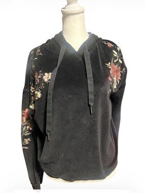 Y2K Black Velvety Hoodie with Floral Embroidery West Coast